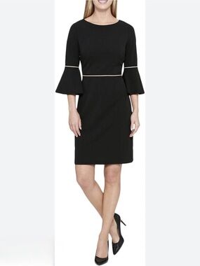 Tommy Hilfiger Women Black Sheath Dress Size 6 Bell Sleeve Party Cocktail